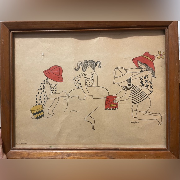 MAXINE vintage Children playing sand 14" x 10" Framed 1974 benchmark art - Picture 2 of 3